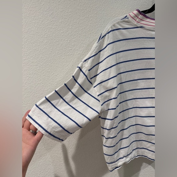 Quiksilver Striped Cropped Crewneck Surf Beach White Blue Pink T-Shirt Large - Picture 8 of 13